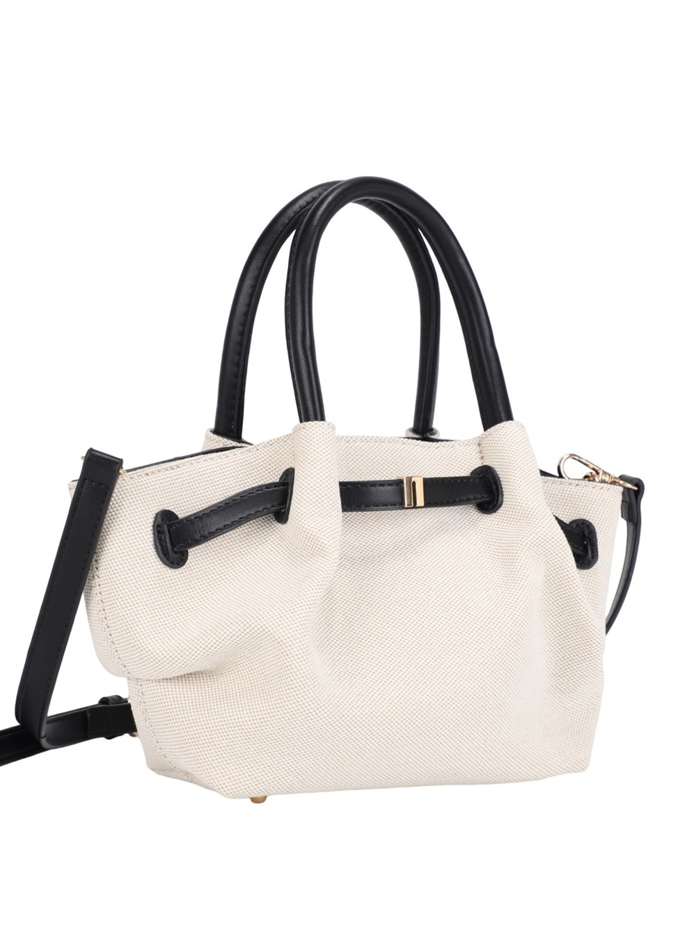Canvas and Leather Satchel Handbag - Cream and Black